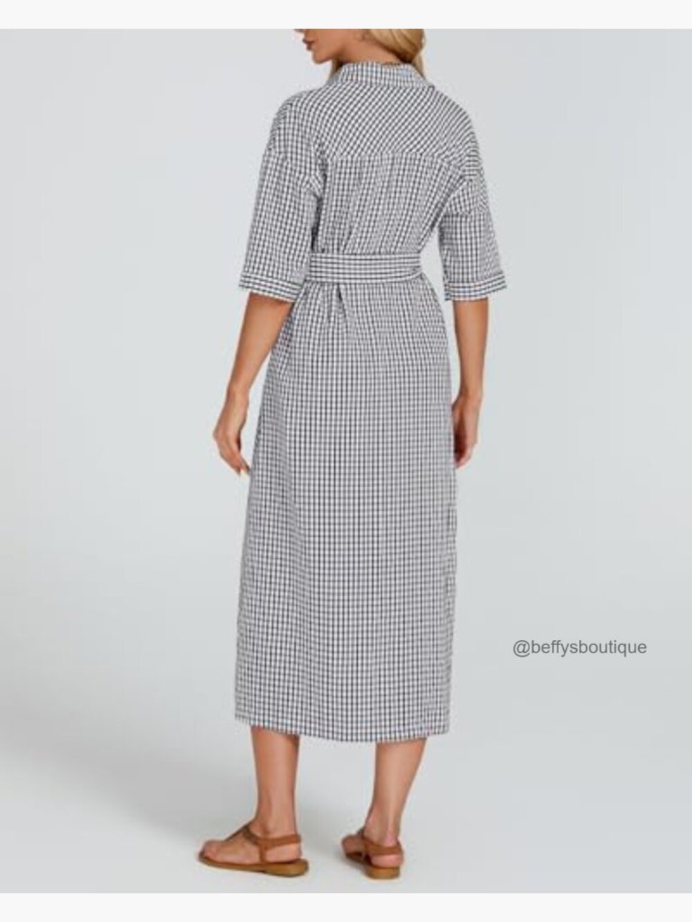 Plaid Half Sleeve Maxi Dress Button Down Loose Belted Dress with Pockets - Picture 5 of 7